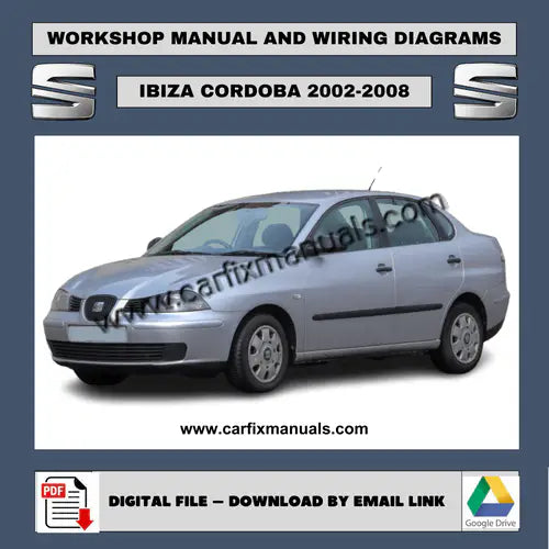 Cover of the Seat Ibiza and Cordoba 2002-2008 all-in-one PDF service manual, including comprehensive engine, electrical, and body repair procedures. Technical diagram of a Seat Ibiza 1.4L engine from 