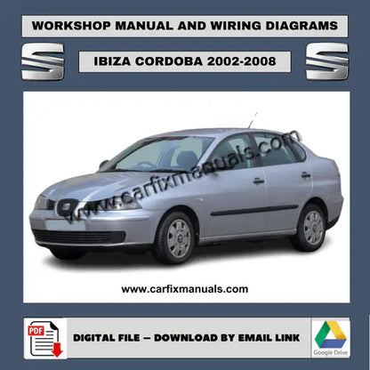 Cover of the Seat Ibiza and Cordoba 2002-2008 all-in-one PDF service manual, including comprehensive engine, electrical, and body repair procedures. Technical diagram of a Seat Ibiza 1.4L engine from 