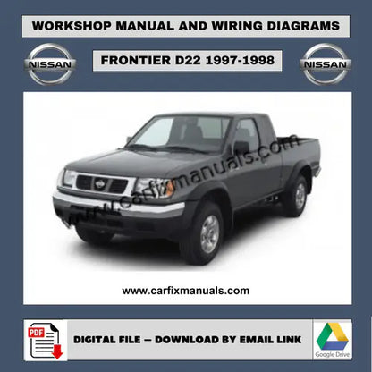 Comprehensive first-generation workshop archive for the Nissan Frontier D22 (1997-1998), including searchable PDF format data for body structural alignment, HVAC cycles, and original factory torque se