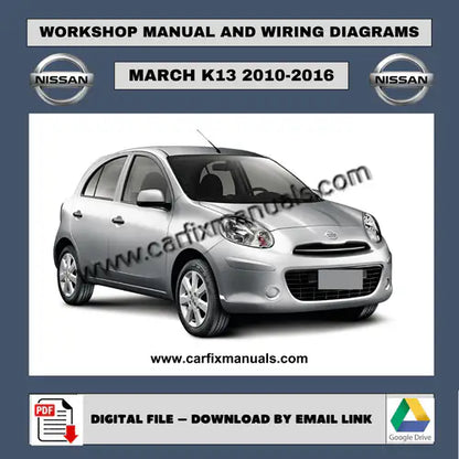 Complete vehicle-wide workshop library for the Nissan March K13 (2010-2016), covering air conditioning cycles, body panel removal, and full electronic troubleshooting in a versatile PDF format. High-r