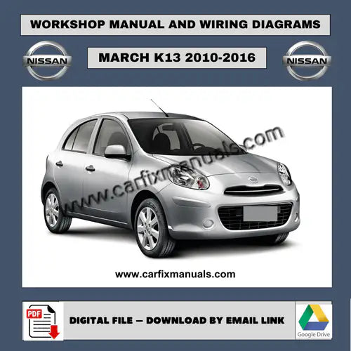 Complete vehicle-wide workshop library for the Nissan March K13 (2010-2016), covering air conditioning cycles, body panel removal, and full electronic troubleshooting in a versatile PDF format. High-r