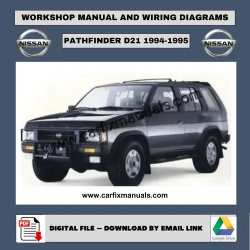 Comprehensive "Hardbody" era workshop encyclopedia for the Nissan Pathfinder D21 (1994-1995), containing searchable PDF format data for body structural dimensions, HVAC troubleshooting, and factory to