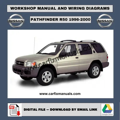 Complete second-generation workshop encyclopedia for the Nissan Pathfinder R50 (1996-2000), containing searchable PDF format data for body structural alignment, HVAC troubleshooting, and factory-autho