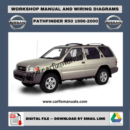 Complete second-generation workshop encyclopedia for the Nissan Pathfinder R50 (1996-2000), containing searchable PDF format data for body structural alignment, HVAC troubleshooting, and factory-autho