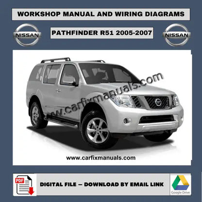 Definitive body-on-frame workshop encyclopedia for the Nissan Pathfinder R51 (2005-2007), containing searchable PDF format data for body structural alignment, HVAC climate cycles, and factory-authoriz
