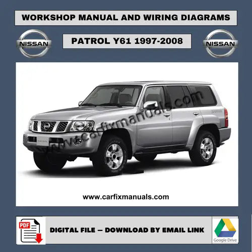 Massive pages off-road workshop encyclopedia for the Nissan Patrol GR Y61 (1997-2008), providing unedited technical data for body shell structural repairs, winch-ready bumper fitment, and total vehicl