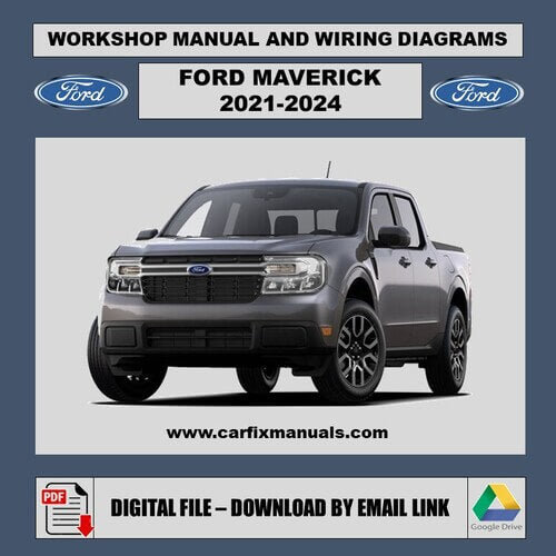 Digital cover of the 2021-2024 Ford Maverick Official Workshop Suite, a searchable PDF guide covering the FLEXBED system, SYNC 3 electronics, and high-voltage battery safety. Mechanical blueprint of t