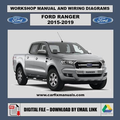 Digital cover of the Official Factory Repair Suite for the 2015-2019 Ford Ranger PX MK2, a searchable PDF containing facelift-specific body, mechanical, and electrical data. High-resolution electrical
