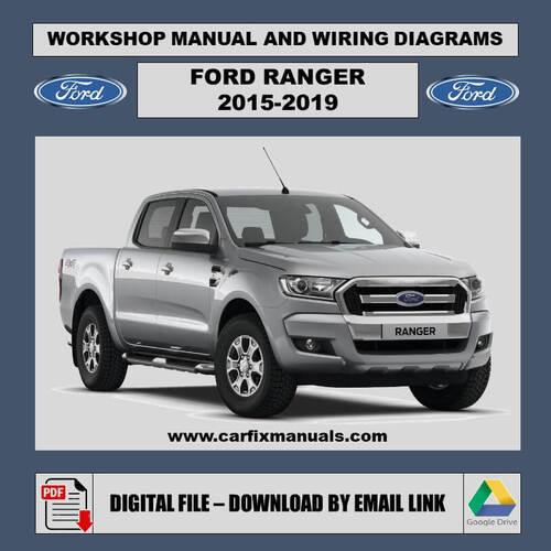Digital cover of the Official Factory Repair Suite for the 2015-2019 Ford Ranger PX MK2, a searchable PDF containing facelift-specific body, mechanical, and electrical data. High-resolution electrical